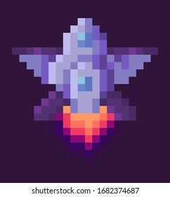 Retro spaceship, pixel art sign in 8 or 16 bit game in dark night sky. Vector starship in universe, pixel-art play and burning rocket ship on purple, pixelated cosmic object for mobile app games