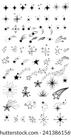 Retro sparkles and stars icons collection. Bundle set of star shapes and comets. Abstract shine vector effect sign. Template design elements for posters, projects, banners, logo, and business cards