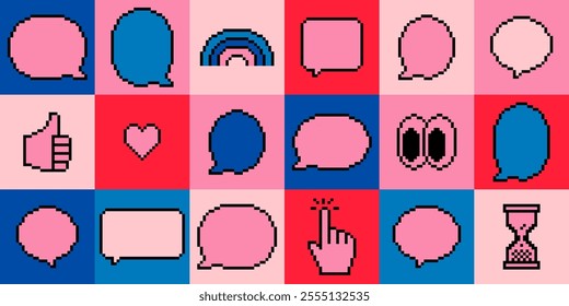 Retro speech ballon background in pixel art. Y2k trendy seamless pattern. Bright design for chat, text message, dialog. Talk and thought boxes. Retro game style dialogue box set. Vector illustration