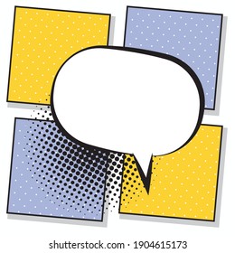 retro speech bubble drawn pop art style in yellow and purple backgrounds vector illustration design