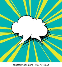 Retro Speech Bubble on Green Background with Yellow Sun's Rays , Shadow of a Speech Bubble in the Form of Dots , Vector Illustration