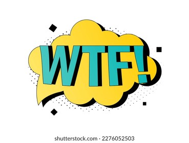 Retro speech bubble wtf. Cool design for comics. Abstract superheroe and lighting. Pop art cloud with text. Template, layout and mock up. Cartoon flat vector illustration