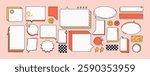 Retro speech bubbles groovy set. Different talk clouds, text boxes, dialogue balloons, message frames with geometric shape. Conversation, chat, online communication. Flat isolated vector illustrations
