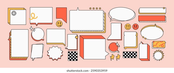 Retro speech bubbles groovy set. Different talk clouds, text boxes, dialogue balloons, message frames with geometric shape. Conversation, chat, online communication. Flat isolated vector illustrations