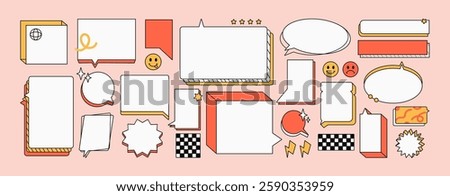 Retro speech bubbles groovy set. Different talk clouds, text boxes, dialogue balloons, message frames with geometric shape. Conversation, chat, online communication. Flat isolated vector illustrations