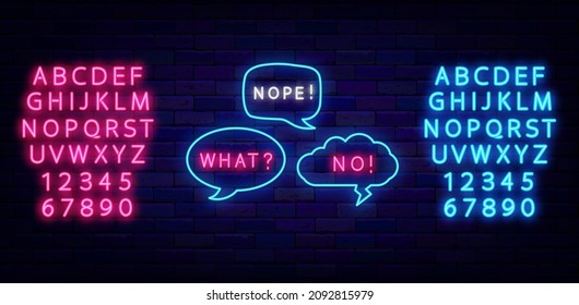 Retro speech bubbles neon sign collection. Nope, no and what shiny text. Blue and pink alphabet. Outer glowing effect banner. Social media message. Chatting box on brick wall. Vector illustration