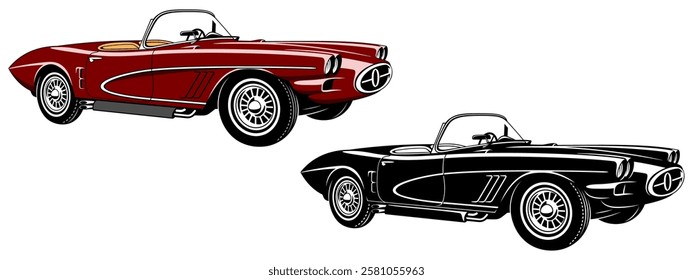 Retro Speed Car Cabriolet. Color and silhouette vector cliparts isolated on white.