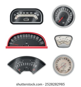 Painel retro do carro do velocímetro para controle de gasolina da temperatura da velocidade definir ilustração vetor realista. Escala analógica vintage com seta para instrumento de painel de bitola de automóvel para medição