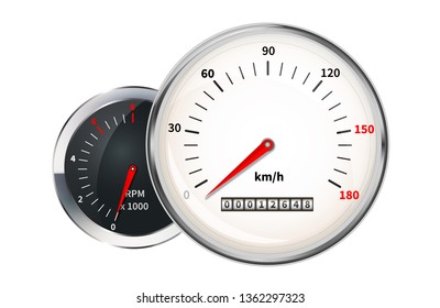 Retro speedometer and tachometer, set of car dashboard indicators isolated on white