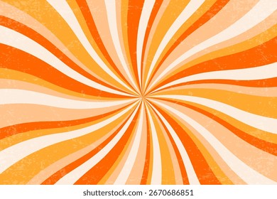 Retro spiral background with pattern of swirl radial rays. Carnival summer psychedelic bg. Vector abstract 70s orange circular striped textured backdrop.