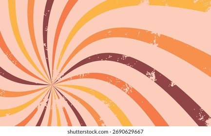 Fundo espiral retrô com linhas de redemoinho laranja quente, amarelo e marrom em um estilo angustiado dos anos 70 com textura grunge