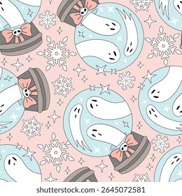 Retro Spooky Christmas and Halloween Mashup vector seamless Pattern featuring Snowglobe with Classic White Sheet Ghosts Inside. Perfect for alternative holiday decor, creepy cute wrapping paper