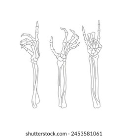 Retro spooky human skeleton bone hand gestures OK rock vector illustration set isolated on white. Hand drawn linear style creepy bones arm print collection. October 31st Halloween holiday party trick