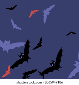 Retro Spooky Night Print Wallpaper. Gothic Sky Purple Colorful Scary Bats Vector Illustration. Eyes Motion Chaos Creepy Flying Bats Art Pattern. Black Attack Pink Red Halloween Art Illustration.