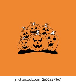 Uma pilha de Jack-o'-lanternas retrô assustador. Groovy halloween abóboras com rostos engraçados bonitinhos. Elementos do Groovy. Ilustração vetorial.