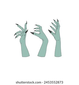 Retro spooky wicked witch green hand with claws vector illustration set isolated on white. Hand drawn linear style creepy hag arm with black nails print collection. October 31st Halloween holiday