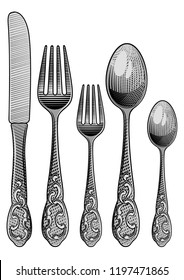 Retro spoon, fork and table-knife. Vintage stylized drawing of cutlery set. Vector illustration