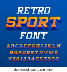 Retro sport alphabet font. Three-dimensional effect bright letters and numbers with shadow. Stock vector typeface for your design.