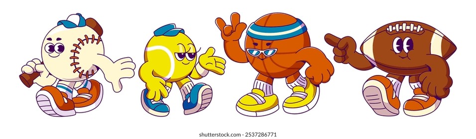 Mascota de dibujos animados de pelota deportiva retro. Groovy tenis y el carácter del fútbol en estilo de moda. Ilustración de cara de cómic de fútbol americano feliz y positivo. Dibujo aislado atlético fresco del icono del softball