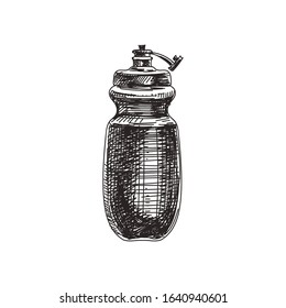 Retro sport bottle hand drawn black and white vector illustration. Vintage water container sketch. Bike accessory monochrome design element. Liquid package isolated on white background