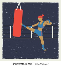 Retro sport icon. Girl trains kickboxing with a punching bag