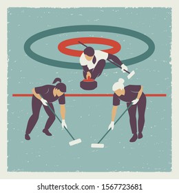 Retro sport icon. Professional female curling team players with a curling broom throw a stone, gliding across the ice from the starting position