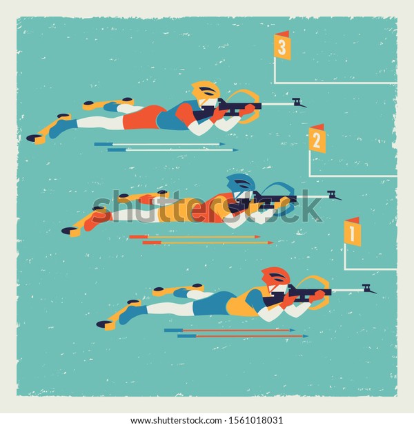 Retro sport icon. Summer men\'s biathlon.\
Shooting in prone\
position