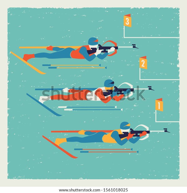 Retro sport icon. Winter men\'s biathlon.\
Shooting in prone\
position