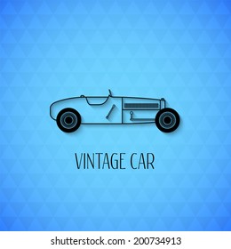 Retro sport racing vintage car with shadow isolated on triangle geometric texture, classic garage sign vector illustration background can be used for design, card, infographic