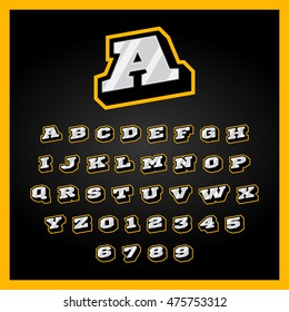 Retro sport style alphabet A-Z letters set and numbers for logo, titles, monogram. Metal with bold outline font