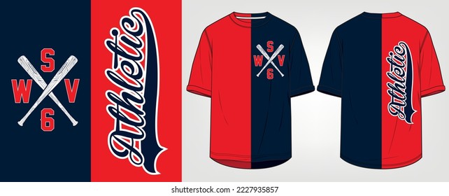 retro sport. tee color red and dark blue. graphic sport athletic with Baseball Bats