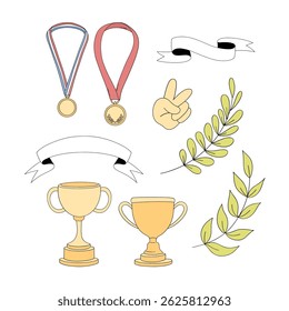 Retro Sports awards winner's cup medal Game Day vector clip-art set isolated on white. Boyish Sports Sporty Boy hand drawn illustrations.