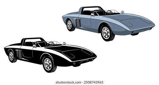 Coche deportivo retro 1962. Clipart de Vector de color y silueta aislados en blanco.