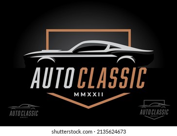 Retro Sports Car Silhouette Logo Icon Design. Classic American Performance Motor Vehicle Dealership Symbol. Auto Garage Showroom Sign. Vector Illustration.