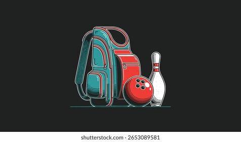Retro Sports Equipment Collection Featuring Bowling Ball Bag and Pin in Stylized Vintage Design