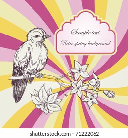 Retro spring background; birdie and jasmin branch