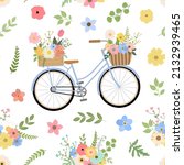 Retro spring blue bicycles with basket with floral bouquets seamless pattern. Isolated on white background. Romantic spring design.