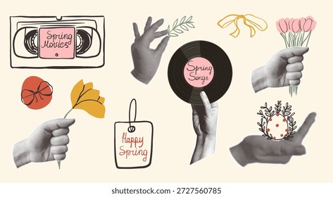 Conceito de colagem de mola retrô. Mãos de meio-tom e elementos vintage, fita VHS, disco de vinil e etiqueta de papel. Flores desenhadas à mão, arco de fita e ovo com bolinhas. 