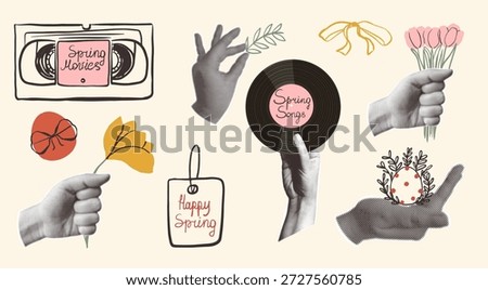 Retro spring collage concept. Halftone hands and vintage elements, VHS tape, vinyl record and paper tag. Hand-drawn flowers, ribbon bow and polka-dot egg. 