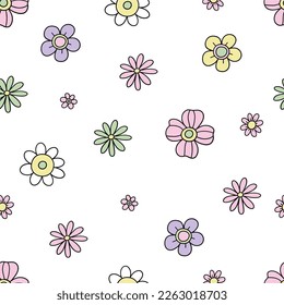 Retro Spring Collection - Happy Easter. Groovy vector seamless patterns and design elements - bunny, flowers, eggs, rainbow.