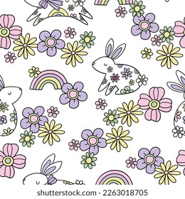 Retro Spring Collection - Happy Easter. Groovy vector seamless patterns and design elements - bunny, flowers, eggs, rainbow.