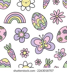 Retro Spring Collection - Happy Easter. Groovy vector seamless patterns and design elements - bunny, flowers, eggs, rainbow.