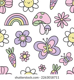 Retro Spring Collection - Happy Easter. Groovy vector seamless patterns and design elements - bunny, flowers, eggs, rainbow.