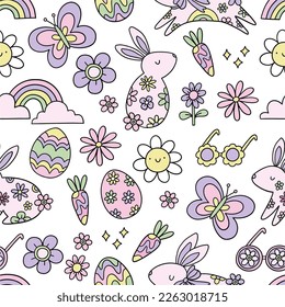 Retro Spring Collection - Happy Easter. Groovy vector seamless patterns and design elements - bunny, flowers, eggs, rainbow.