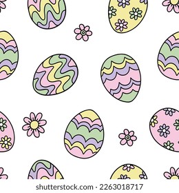 Retro Spring Collection - Happy Easter. Groovy vector seamless patterns and design elements - bunny, flowers, eggs, rainbow.