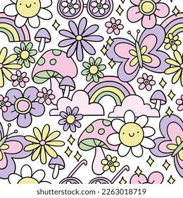 Colección Retro Spring - Feliz Pascua. Modalidades y elementos de diseño sin fisuras vectoriales en bruto - conejito, flores, huevos, arcoiris.