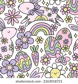 Retro Spring Collection - Happy Easter. Groovy vector seamless patterns and design elements - bunny, flowers, eggs, rainbow.