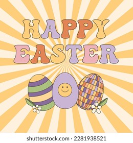 Retro Spring Collection - Happy Easter. Groovy vector seamless patterns and design elements - bunny, flowers, eggs, rainbow.