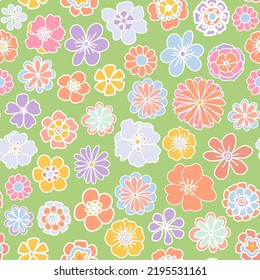 Retro spring floral heads seamless repeat pattern. Random placed, vector hand drawn blooming flowers all over surface print on lime green background.