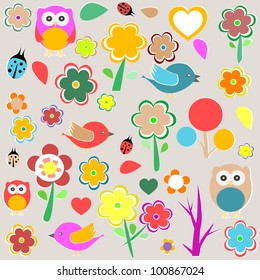 Retro spring nature and animal elements. vector background